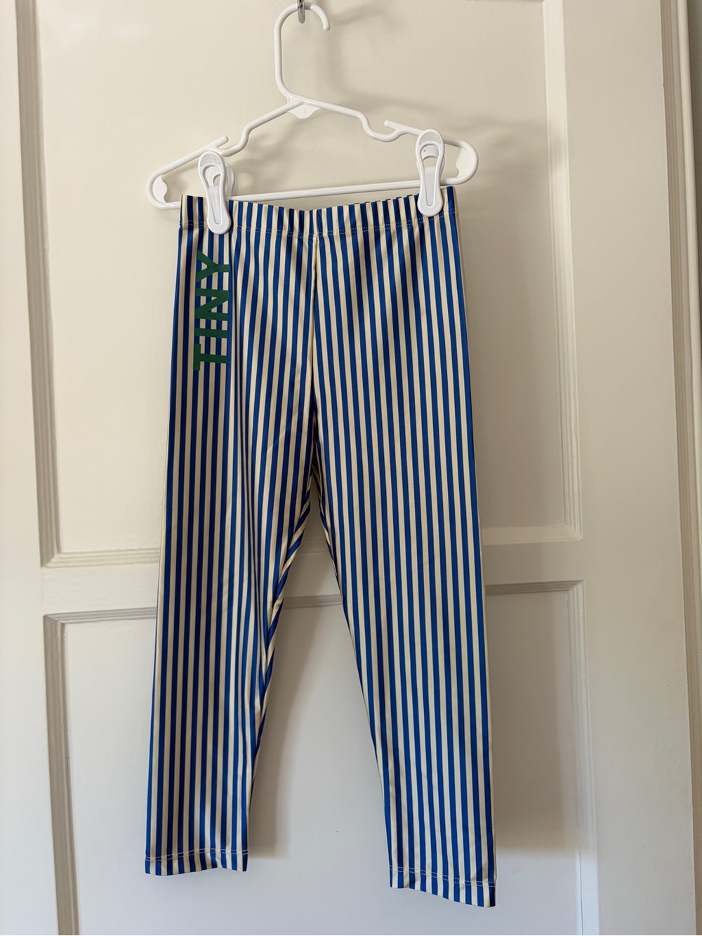 TINY  shiny Blue & White Striped Kids Leggings